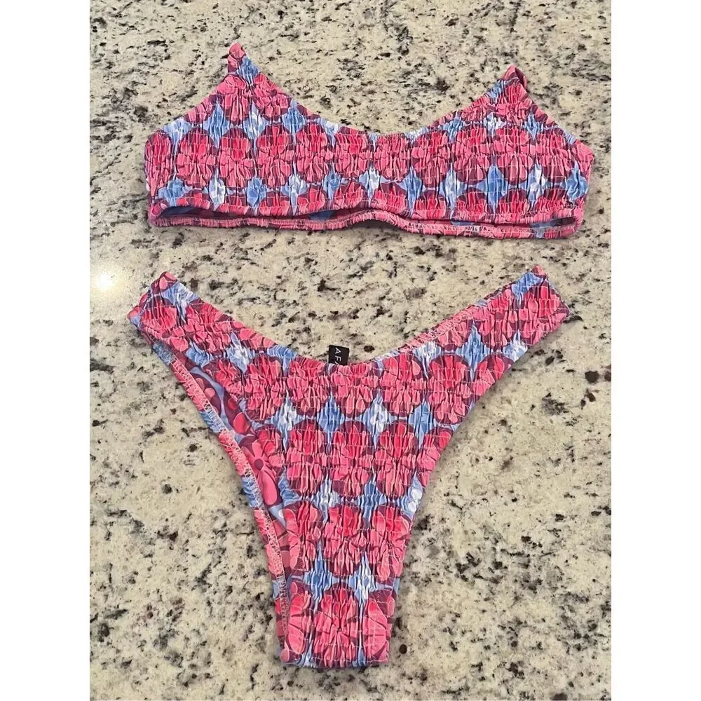 VOLAFA Women's Triangle Bikini Set Smocked Textured Scoop Frilled Print